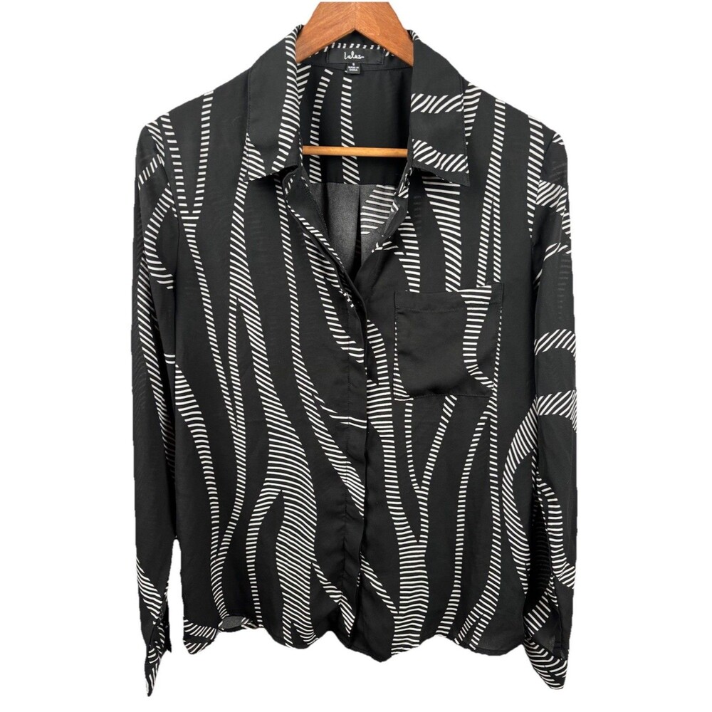 Lulus Black/Gray Button Front Shirt Blouse Top Long Sleeve Small